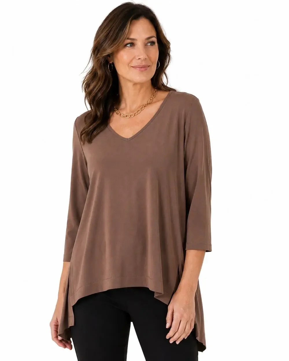 Joseph Ribkoff Brown Draped V-Neck High Low Top Size 10 Made in Canada